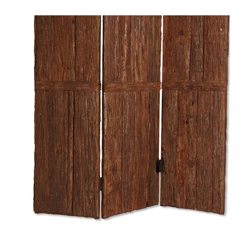 Benjara Wooden Foldable 3 Panel Room Divider with Plank Style- Small- Brown
