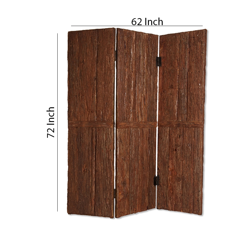 Benjara Wooden Foldable 3 Panel Room Divider with Plank Style- Small- Brown