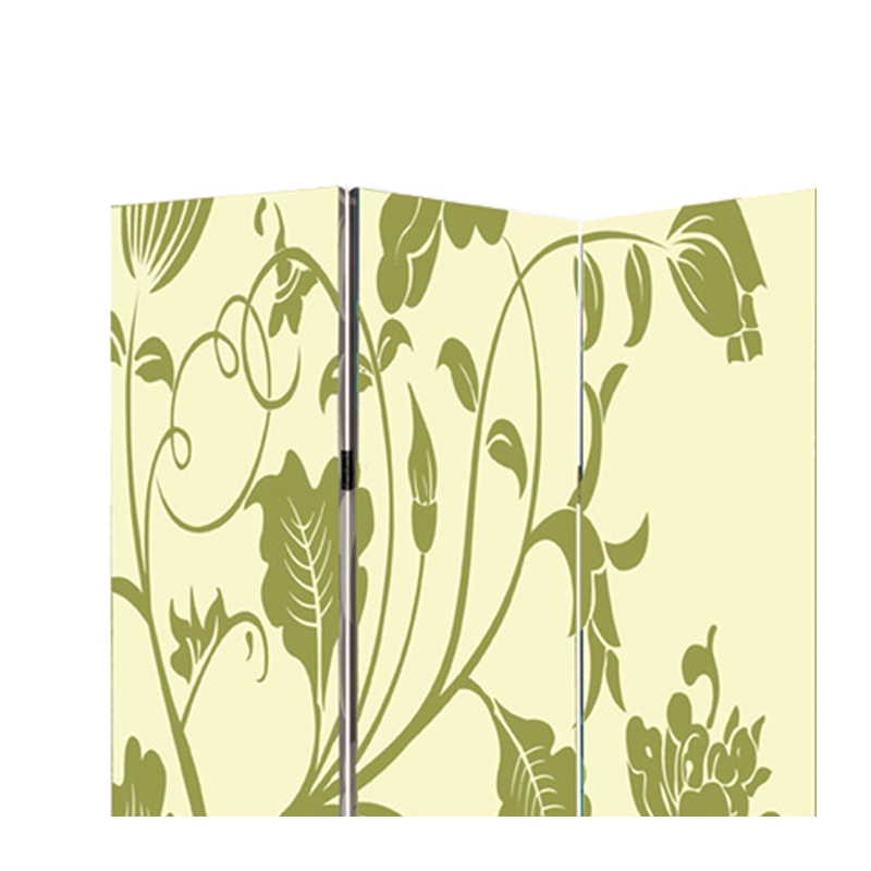 Benjara 3 Panel Room Divider with Stems and Flower Pattern- Cream and Green