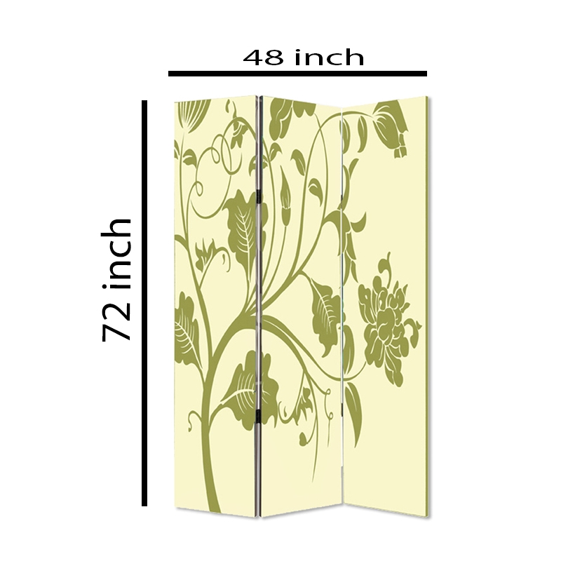Benjara 3 Panel Room Divider with Stems and Flower Pattern- Cream and Green