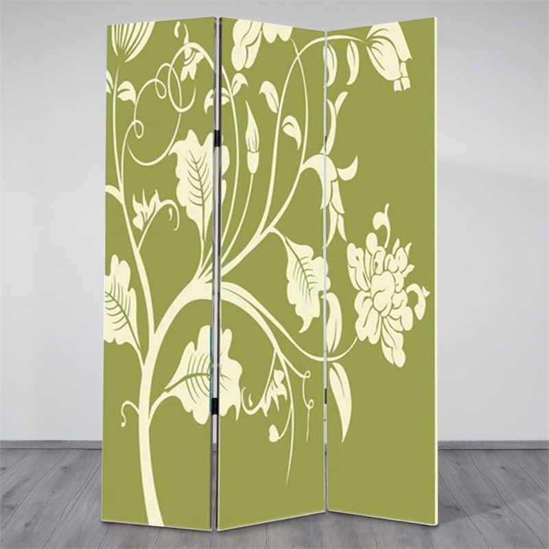 Benjara 3 Panel Room Divider with Stems and Flower Pattern- Cream and Green