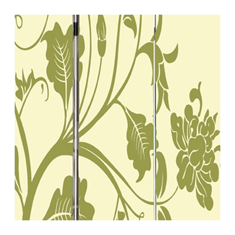 Benjara 3 Panel Room Divider with Stems and Flower Pattern- Cream and Green
