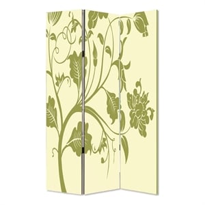 Benjara 3 Panel Room Divider with Stems and Flower Pattern- Cream and Green