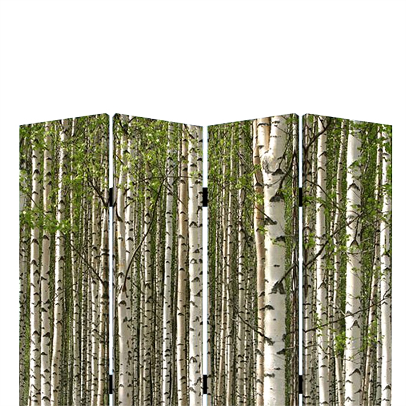 Benjara 3 Panel Foldable Canvas Evergreen Forest Print Screen- Green and White