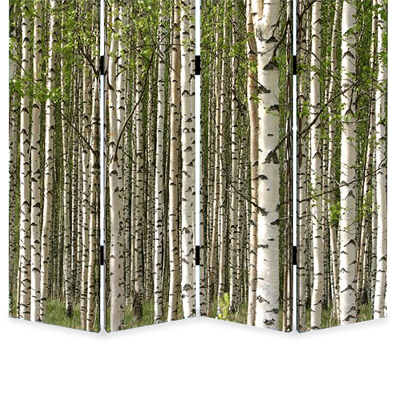 Benjara 3 Panel Foldable Canvas Evergreen Forest Print Screen- Green and White
