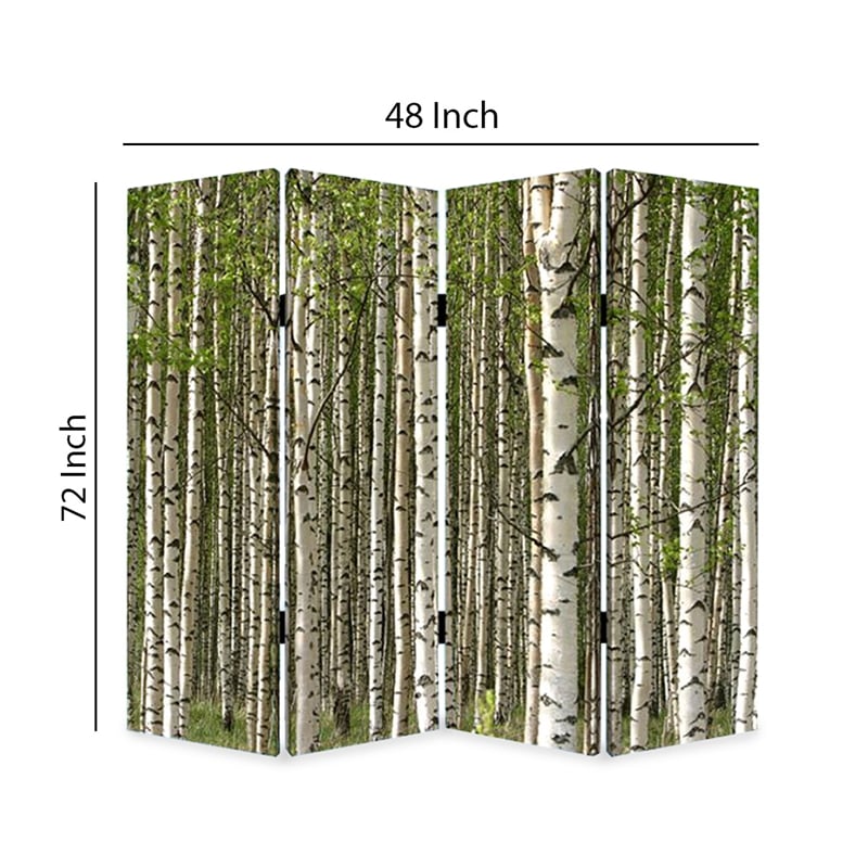 Benjara 3 Panel Foldable Canvas Evergreen Forest Print Screen- Green and White