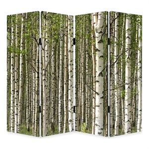 Benjara 3 Panel Foldable Canvas Evergreen Forest Print Screen- Green and White