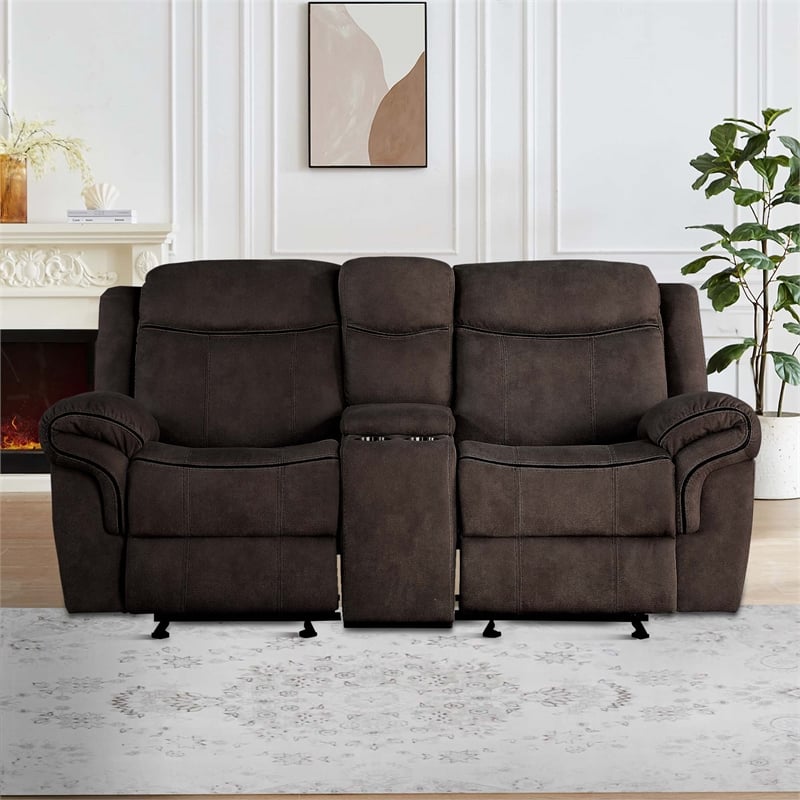 Benjara Velvet Upholstered Loveseat with USB Docks and Storage Console- Gray