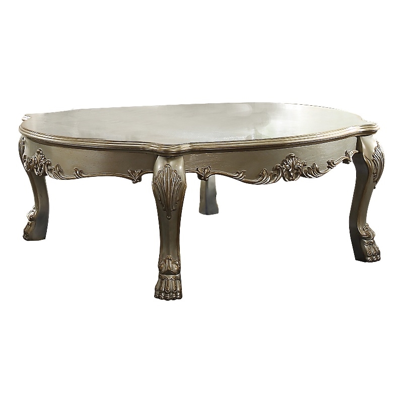 Benjara Handcrafted Wooden Coffee Table with Engravings-Antique White and Gold