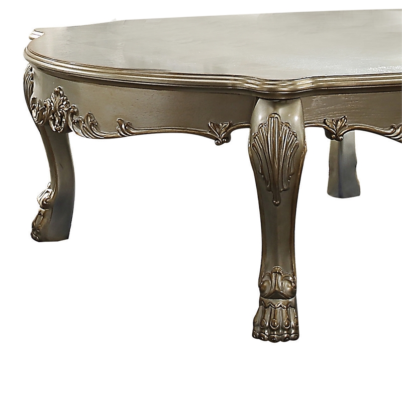 Benjara Handcrafted Wooden Coffee Table with Engravings-Antique White and Gold