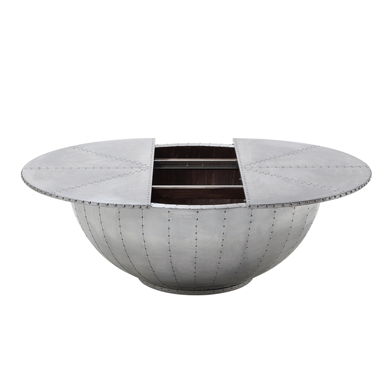 Benjara Industrial Style Drum Shape Wooden Coffee Table with Storage- Silver