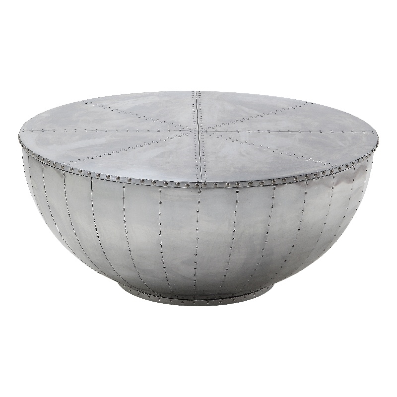 Benjara Industrial Style Drum Shape Wooden Coffee Table with Storage- Silver