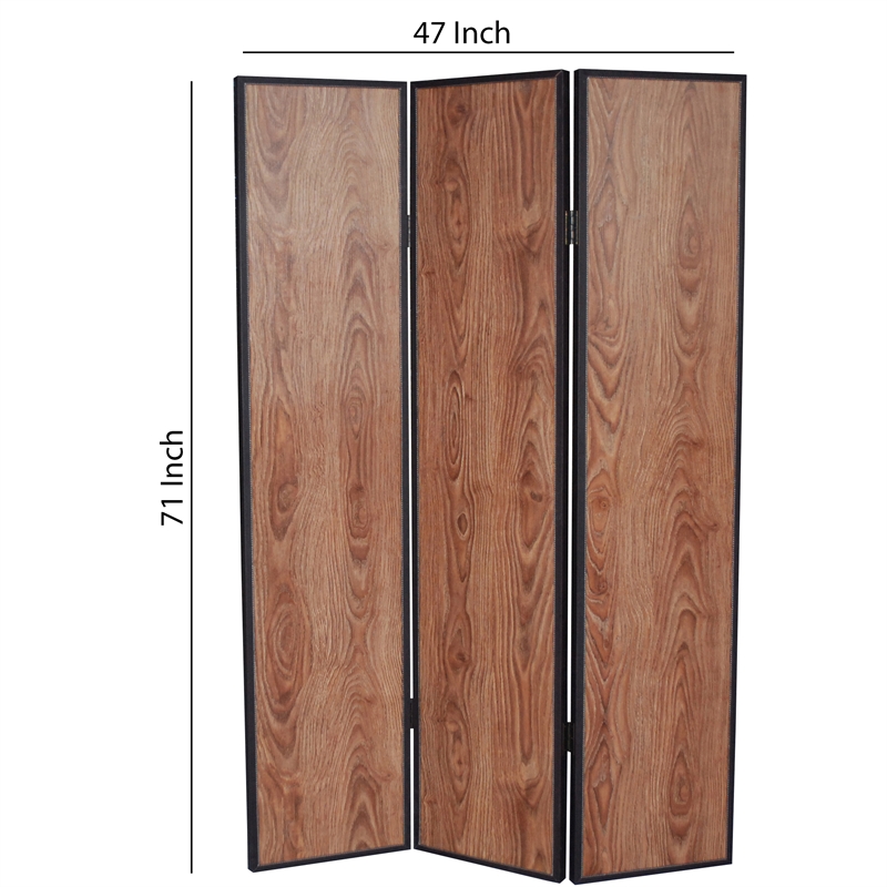 Benjara 3 Panel Foldable Wooden Screen with Grain Details- Brown