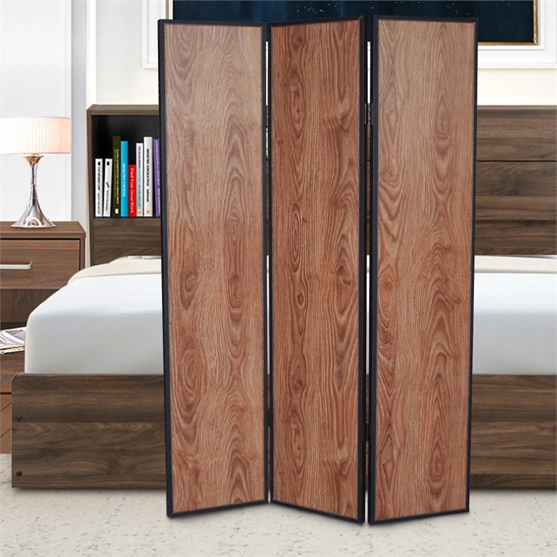 Benjara 3 Panel Foldable Wooden Screen with Grain Details- Brown