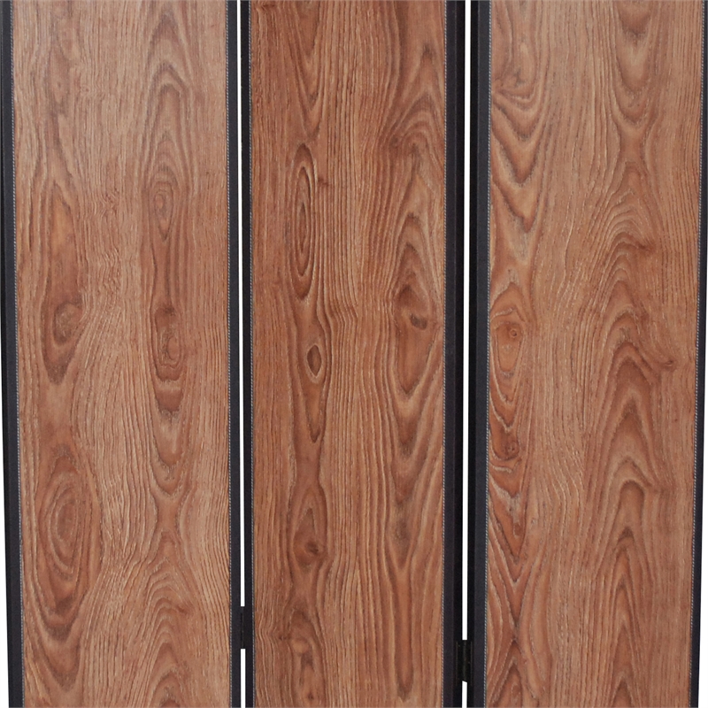 Benjara 3 Panel Foldable Wooden Screen with Grain Details- Brown