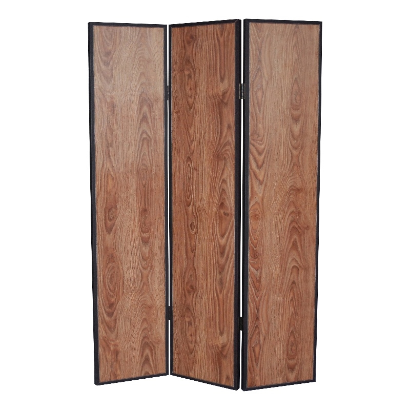 Benjara 3 Panel Foldable Wooden Screen with Grain Details- Brown
