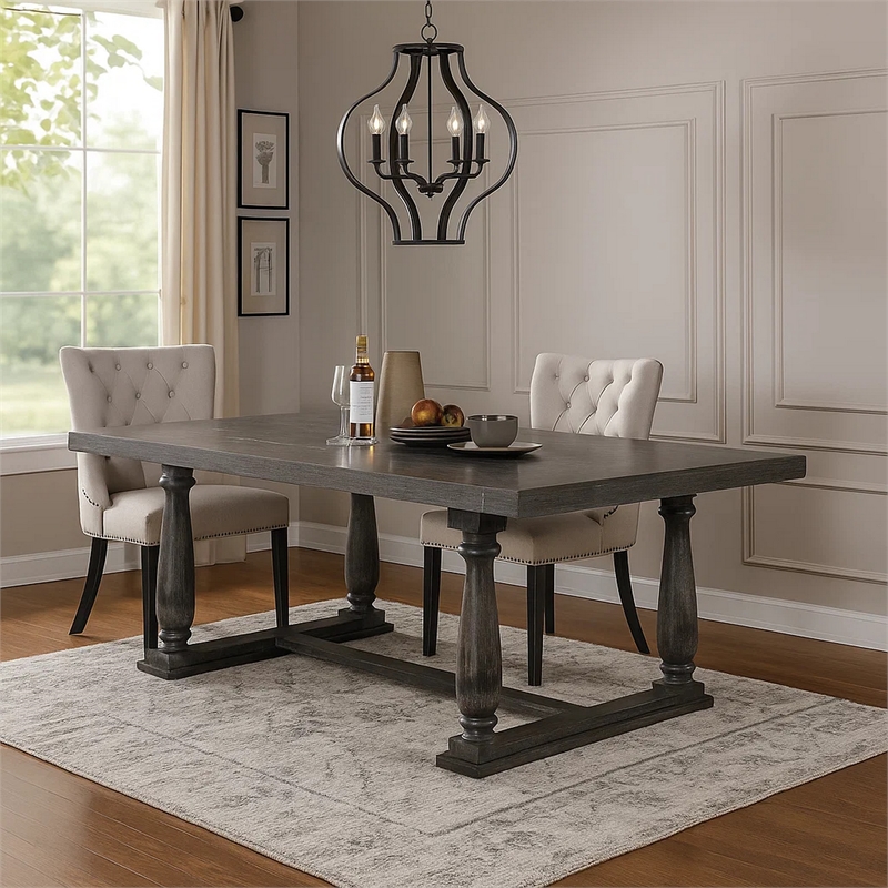 Benjara Transitional Style Wooden Dining Table with Trestle Base- Gray