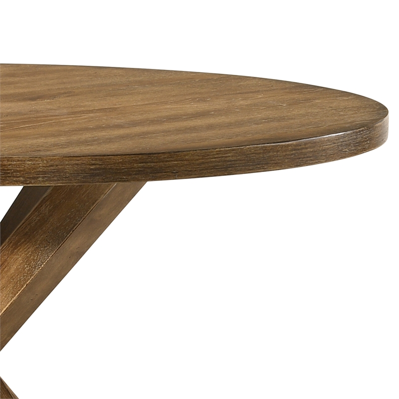 Benjara Round Wooden Table with Pedestal Base- Weathered Oak Brown