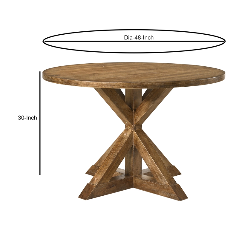 Benjara Round Wooden Table with Pedestal Base- Weathered Oak Brown