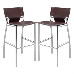 Benjara Illa 26&quot Counter Height Chair-Chrome Base/Vegan Leather-Brown (Set of 2)