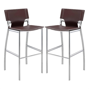 Benjara Illa 26&quot Counter Height Chair-Chrome Base/Vegan Leather-Brown (Set of 2)