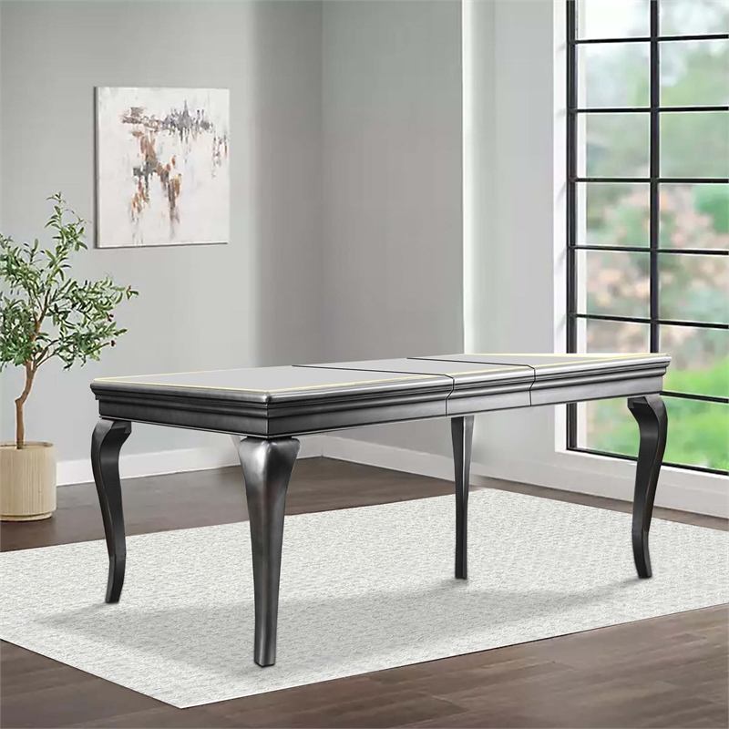 Benjara Wood and Mirror Dining Table with Extendable Leaf- Gray and Silver