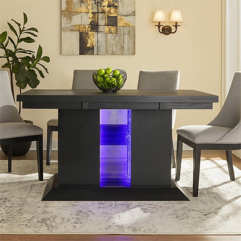 Benjara Wooden Dining Table with Pedestal Base Legs and LED Light- Black