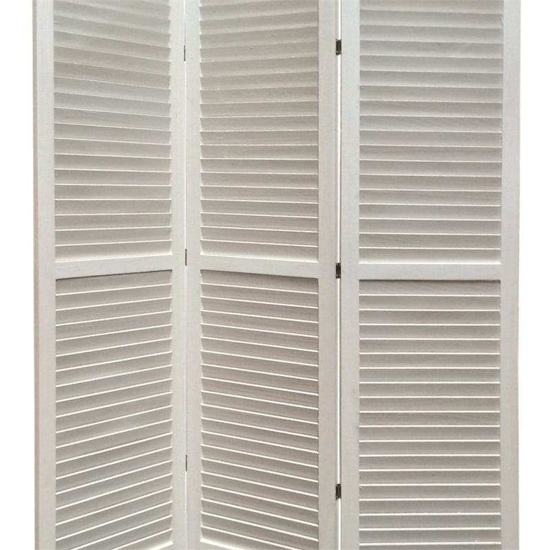 Benjara 3 Panel Foldable Wooden Shutter Screen with Straight Legs- White