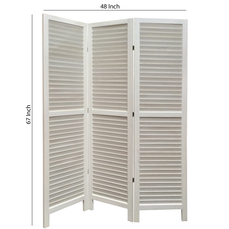 Benjara 3 Panel Foldable Wooden Shutter Screen with Straight Legs- White