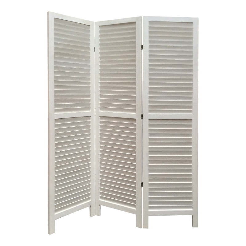 Benjara 3 Panel Foldable Wooden Shutter Screen with Straight Legs- White