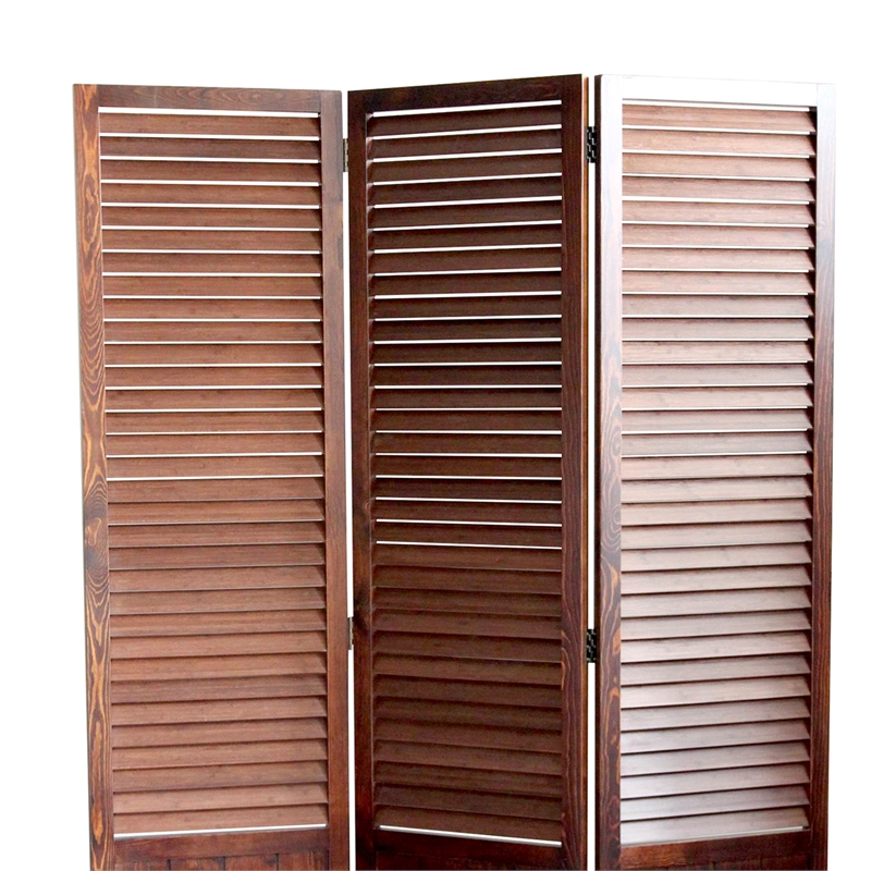 Benjara Traditional Foldable Wooden Shutter Screen with 3 Panels- Brown