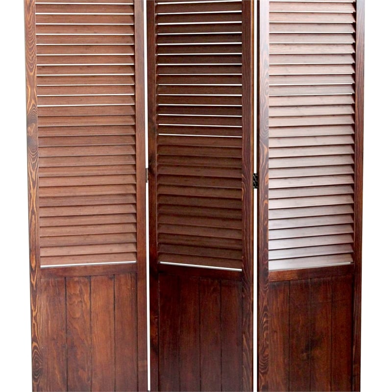 Benjara Traditional Foldable Wooden Shutter Screen with 3 Panels- Brown