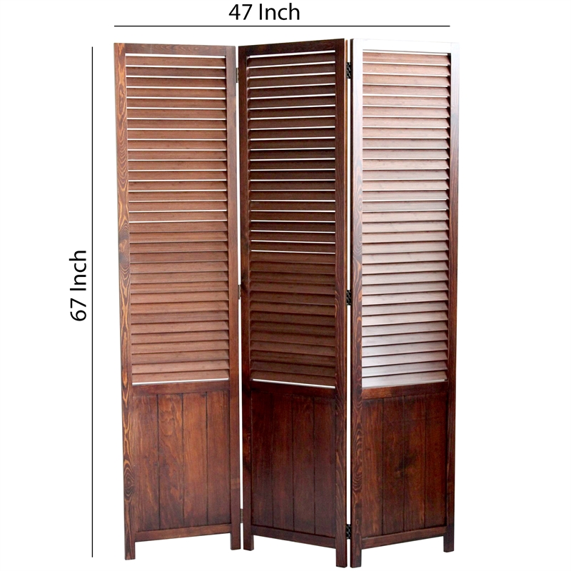 Benjara Traditional Foldable Wooden Shutter Screen with 3 Panels- Brown
