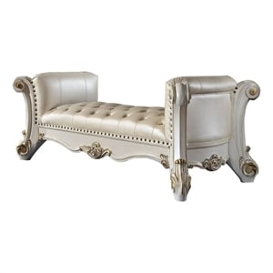 Benjara Jess 74&quot Bench- Traditional Scrolled Legs- Vegan Faux Leather- White