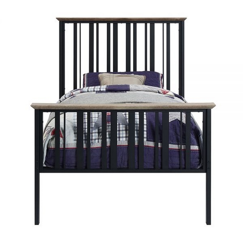 Benjara Nori Twin Bed with Slatted Metal Frame- MDF- Antique Oak Brown and Black