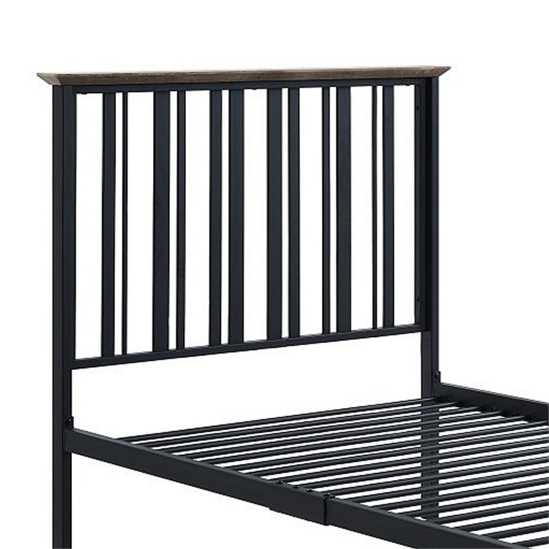 Benjara Nori Twin Bed with Slatted Metal Frame- MDF- Antique Oak Brown and Black