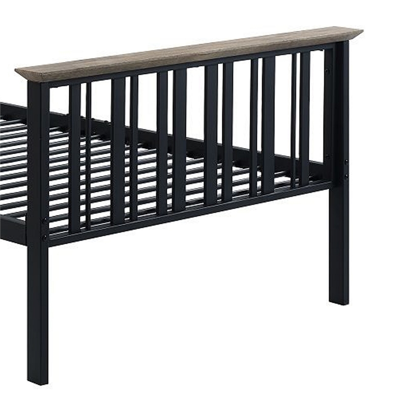 Benjara Nori Twin Bed with Slatted Metal Frame- MDF- Antique Oak Brown and Black