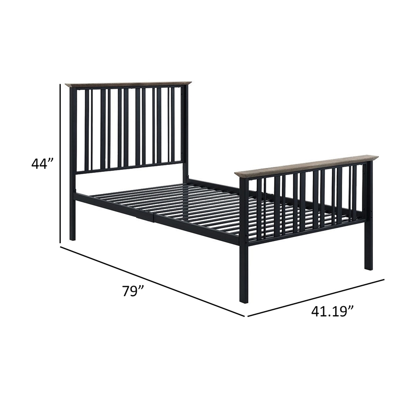 Benjara Nori Twin Bed with Slatted Metal Frame- MDF- Antique Oak Brown and Black