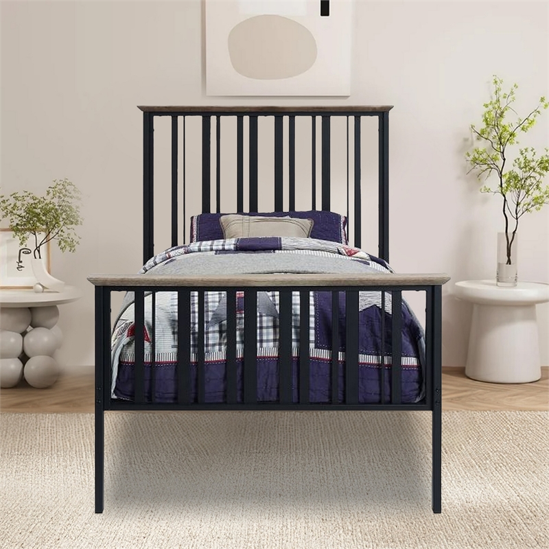 Benjara Nori Twin Bed with Slatted Metal Frame- MDF- Antique Oak Brown and Black