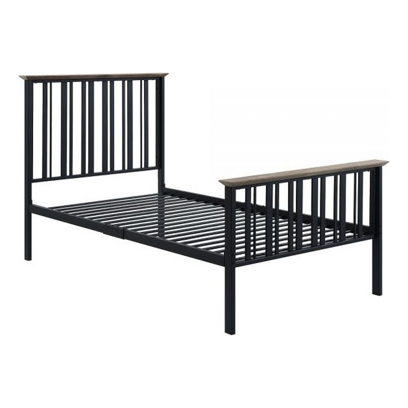 Benjara Nori Twin Bed with Slatted Metal Frame- MDF- Antique Oak Brown and Black