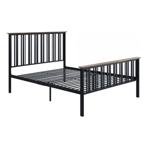 Benjara Nori Full Bed with Slatted Metal Frame- MDF Wood- Oak Brown and Black