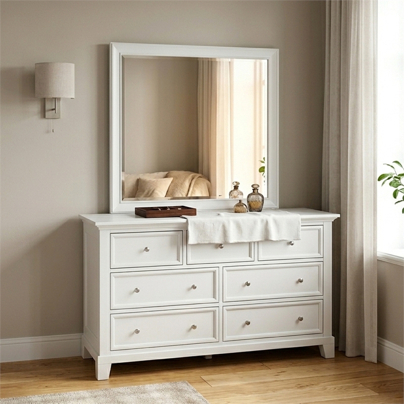 Benjara Limi 37 x 43 Dresser Mirror- Modern Wood Frame- White Brushed Finish
