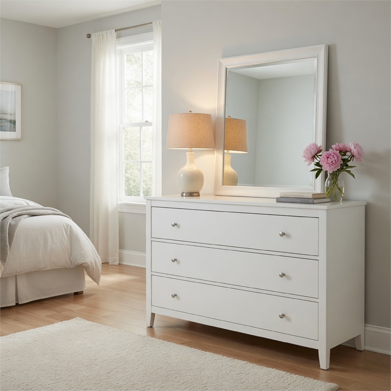 Benjara Limi 37 x 43 Dresser Mirror- Modern Wood Frame- White Brushed Finish