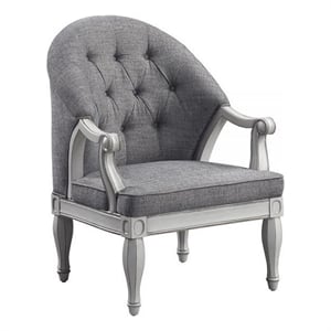 Benjara Fil 32&quot Armchair- Tufted Backrest- Fabric Upholstery- Poplar Wood- Gray