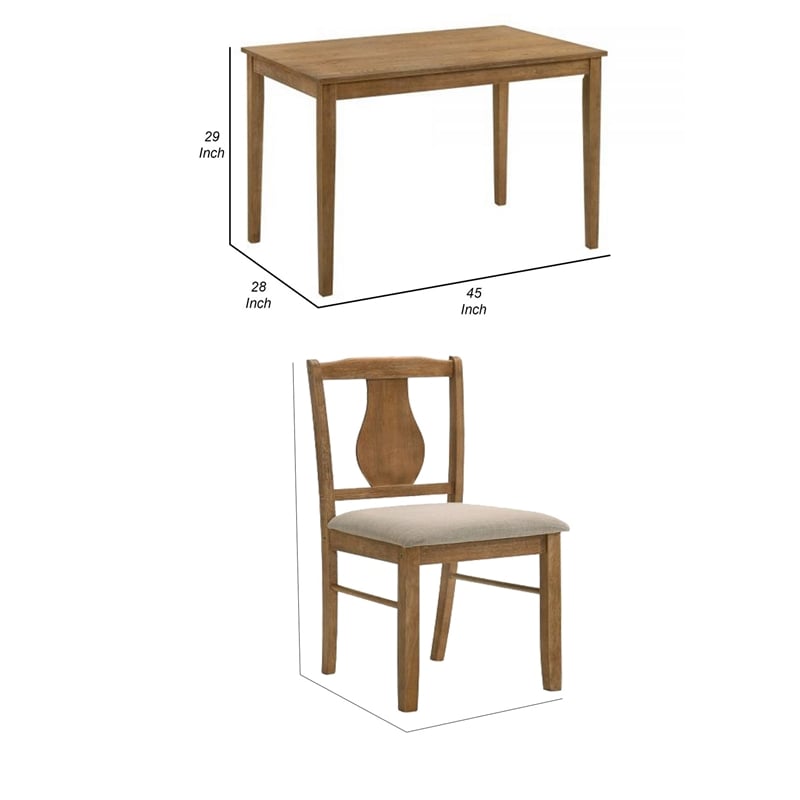 Benjara 5 Piece Dining Table Set with 4 Chairs- Rubberwood- Weathered Oak