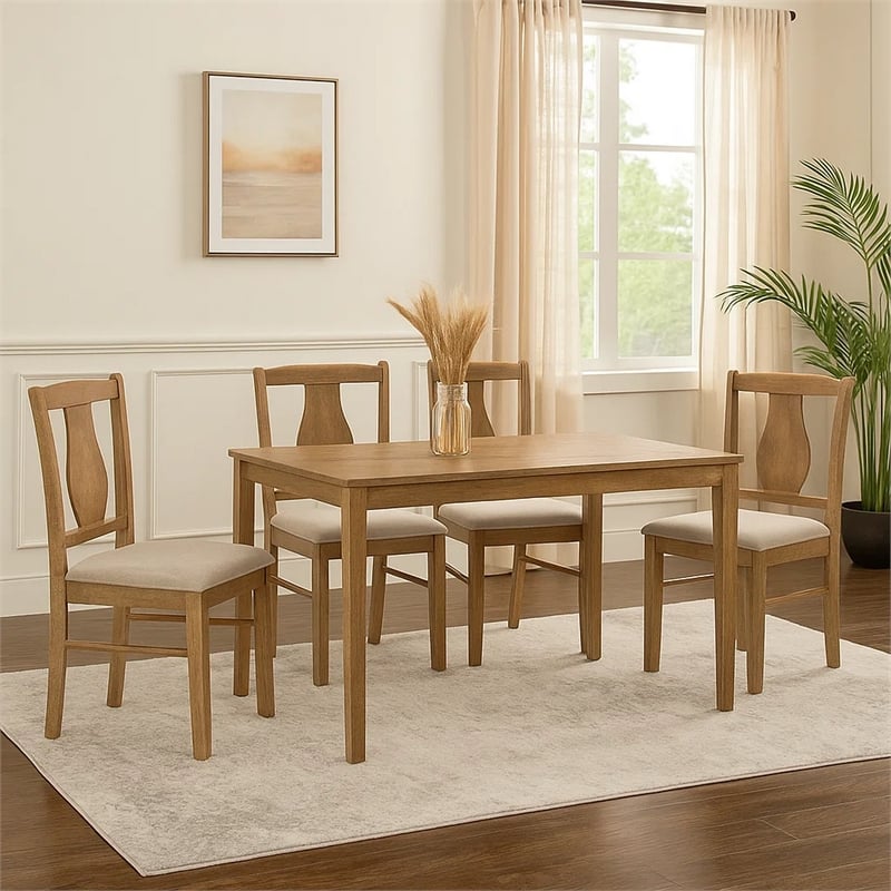 Benjara 5 Piece Dining Table Set with 4 Chairs- Rubberwood- Weathered Oak