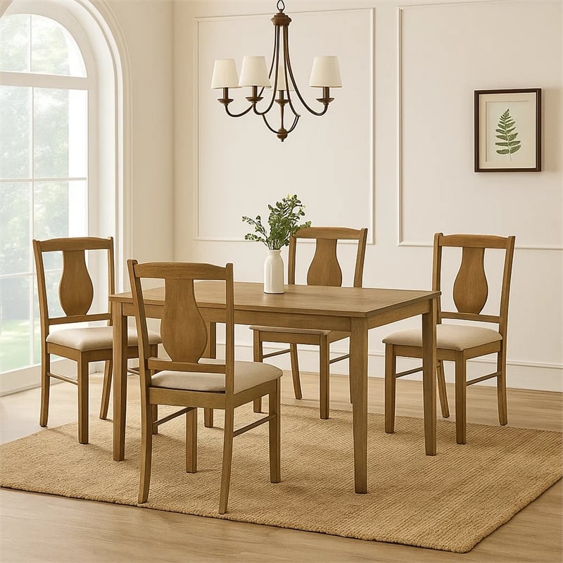Benjara 5 Piece Dining Table Set with 4 Chairs- Rubberwood- Weathered Oak