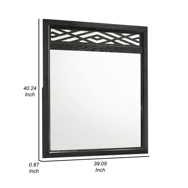 Benjara Kira 22 x 40 Dresser Mirror- Geometric Design- Rubberwood- Black Finish