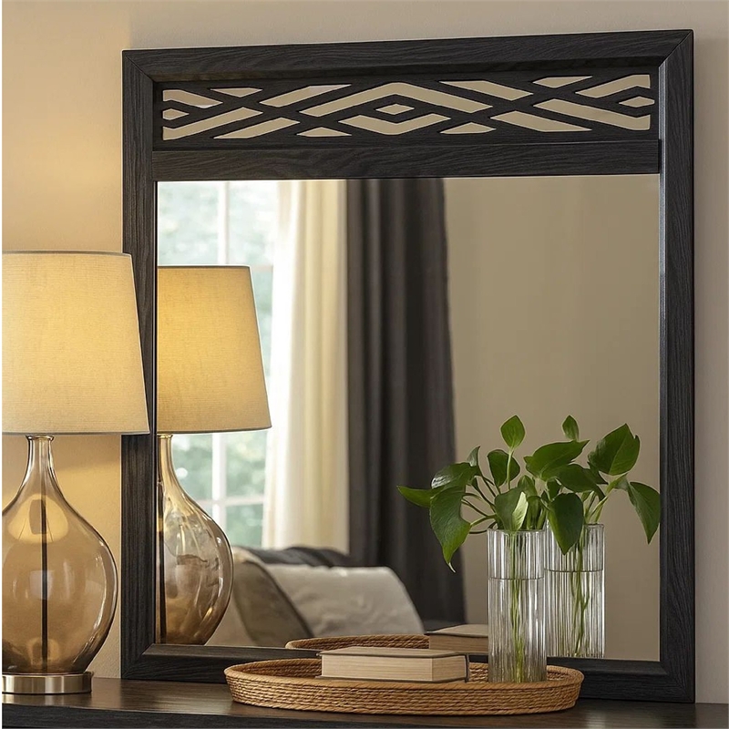 Benjara Kira 22 x 40 Dresser Mirror- Geometric Design- Rubberwood- Black Finish