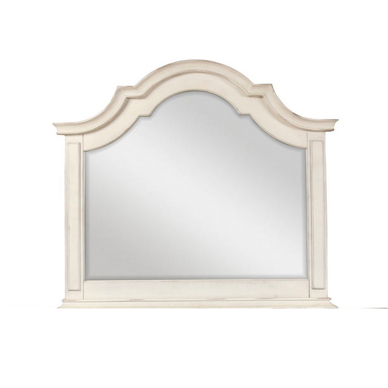 Benjara Maia 43 x 46 Dresser Mirror with Curved Top- Poplar & Oak- Antique White